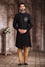 Thumbnail for Raivat Ethnic Art Silk Embroidery Work Sherwani In Black Colour
