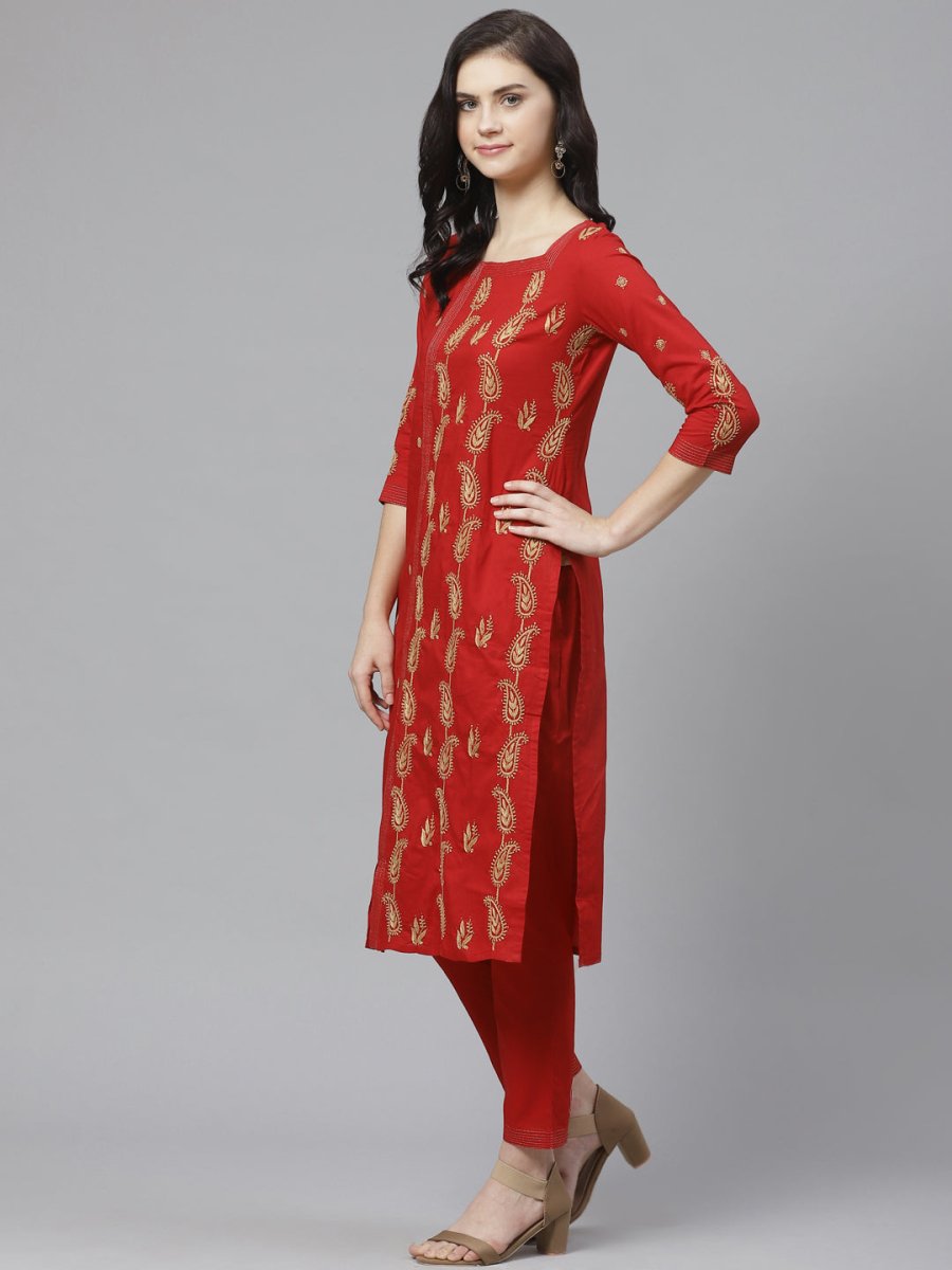 ADA Women Red & Beige Paisley Chikankari Embroidered Sustainable Handloom Kurta with Trousers - Distacart