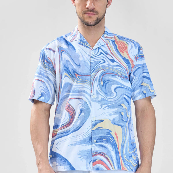 Xkind Blue Fine Cord Drop Shoulder Printed Relaxed Fit Shirt