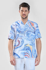Thumbnail for Xkind Blue Fine Cord Drop Shoulder Printed Relaxed Fit Shirt