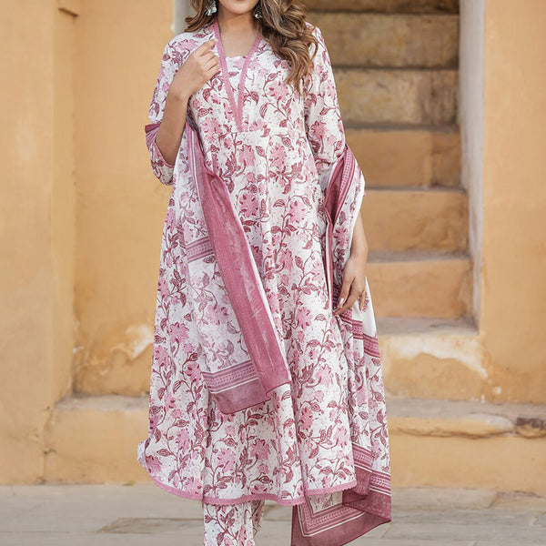 Kalini Floral Printed Regular Thread Work Pure Cotton Kurta with Trouser & With Dupatta - Distacart