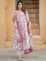 Thumbnail for Kalini Floral Printed Regular Thread Work Pure Cotton Kurta with Trouser & With Dupatta - Distacart