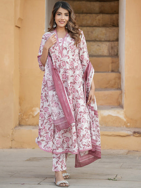 Kalini Floral Printed Regular Thread Work Pure Cotton Kurta with Trouser & With Dupatta - Distacart