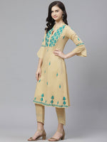 Thumbnail for ADA Women Beige & Teal Green Chikankari Embroidered Sustainable Handloom Kurta with Trousers - Distacart