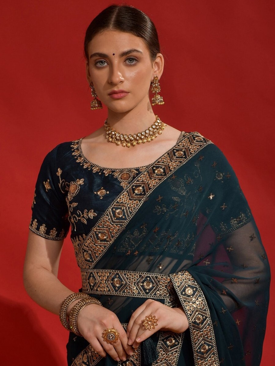 Anouk Teal & Gold-Toned Embellished Embroidered Pure Georgette Saree - Distacart