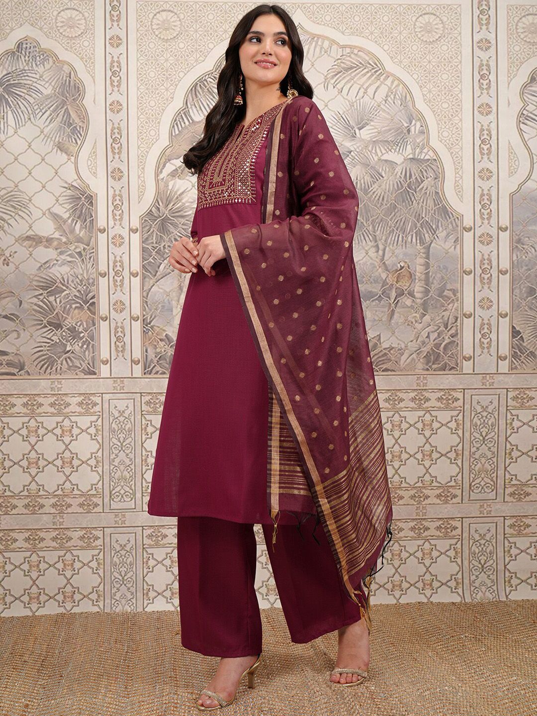 Vishudh Ethnic Motifs Yoke Design Straight Kurta with Palazzos & With Dupatta