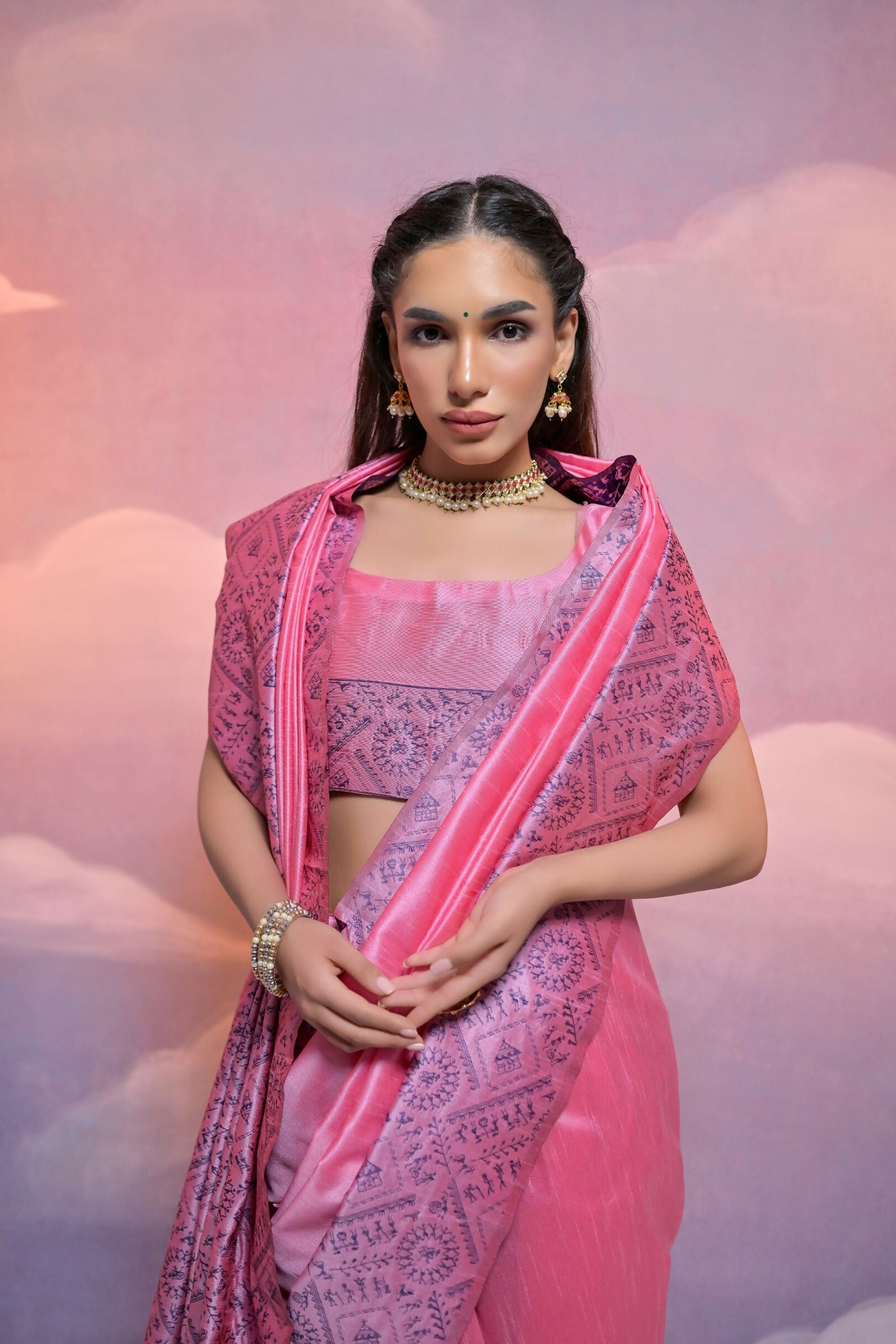 Vishnu Weaves Women's Baby-Pink Handloom Raw Silk Woven Border Saree with Blouse - Distacart