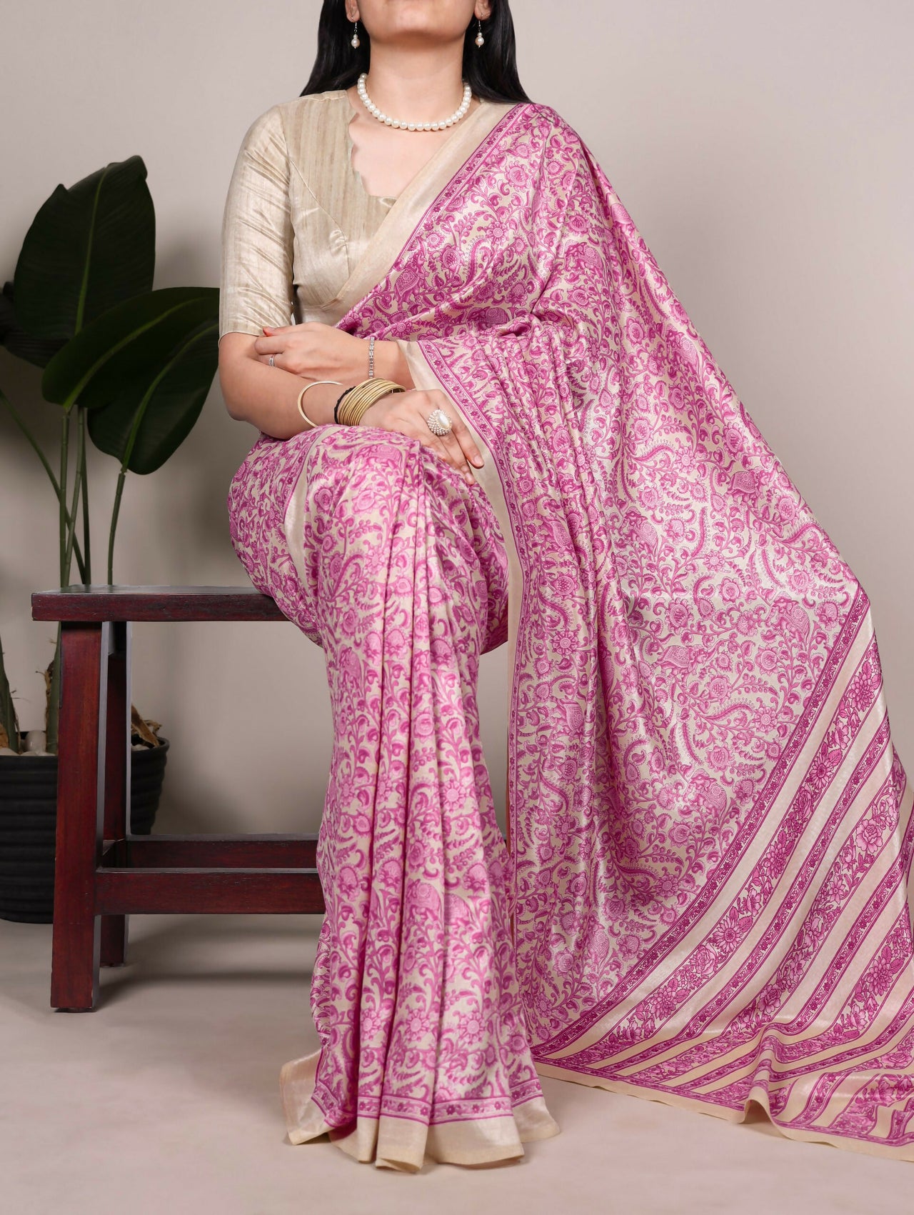 Vastranavya Pink Tussar Silk Printed Saree with Unstitched Blouse - Distacart