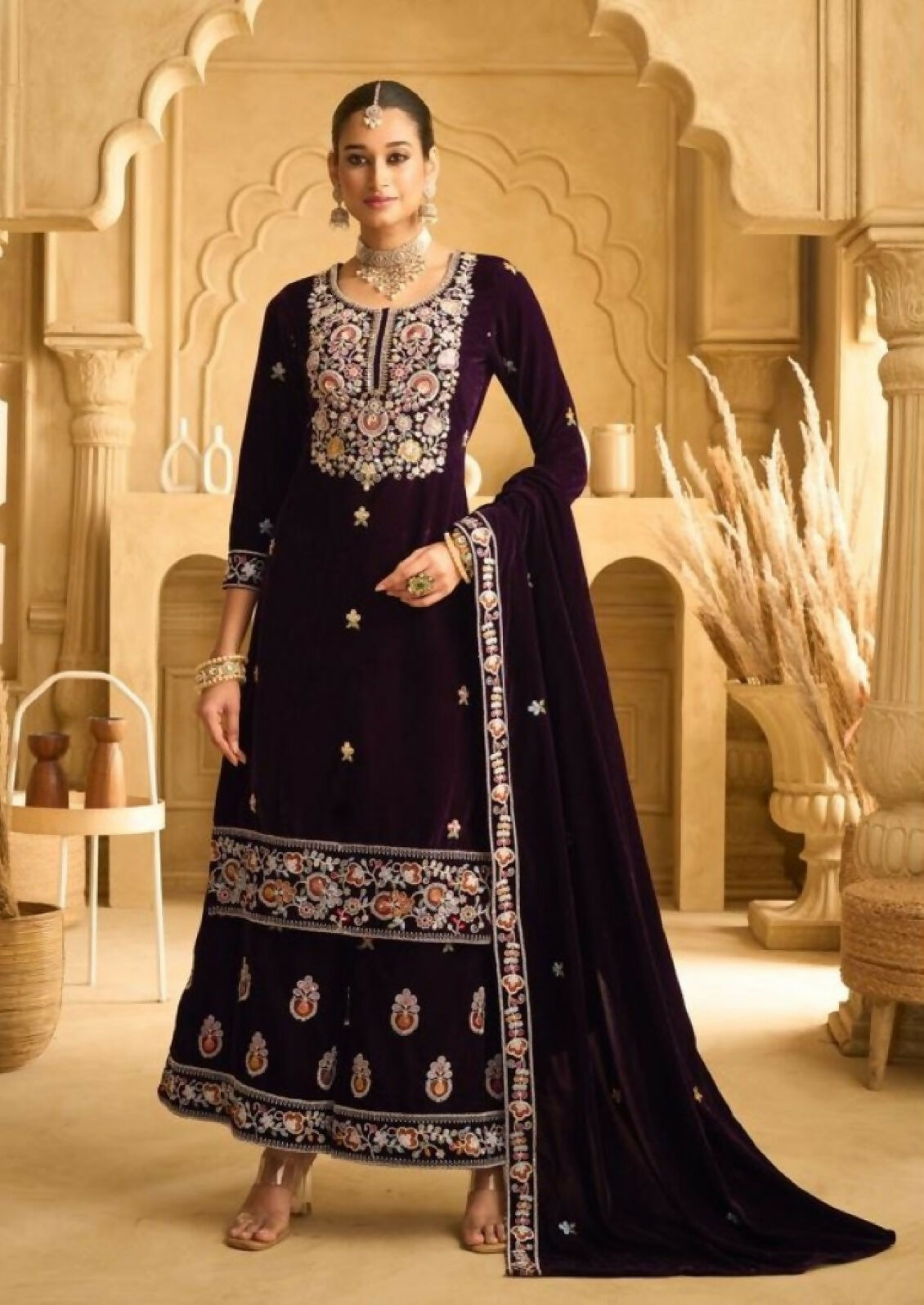 Anaita Dark Maroon Embroidered with Beads Velvet Stitched Plazo Suit - Distacart