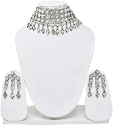 Tehzeeb Creations Women's Silver Colour Oxidised Necklace Set With Mirror Design - Distacart