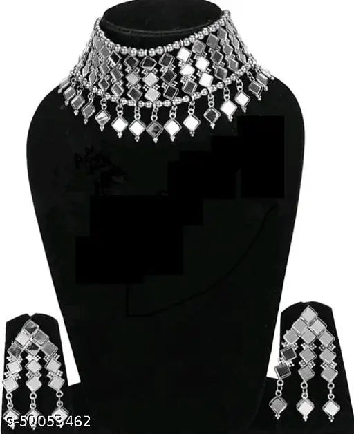 Tehzeeb Creations Women's Silver Colour Oxidised Necklace Set With Mirror Design - Distacart