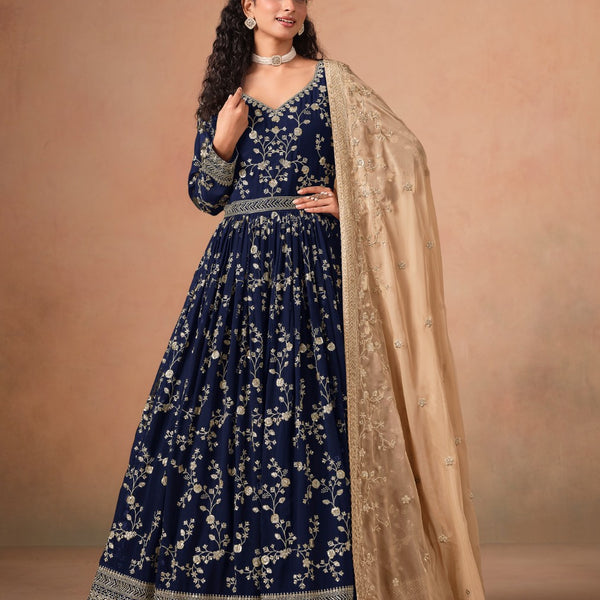 Anaita Navy Blue Faux Georgette Jacquard Embroidered Work Anarkali Suit - Distacart