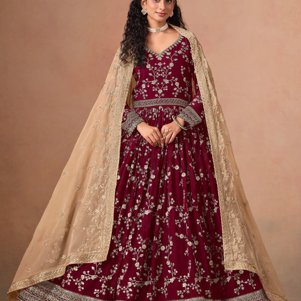 Anaita Red Faux Georgette Jacquard Embroidered Work Anarkali Suit - Distacart