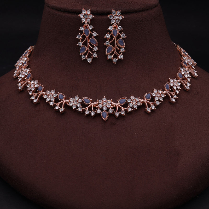 Tehzeeb Creations Rose Gold Pleated White Diamond With Blue Beads Necklace Set - Distacart