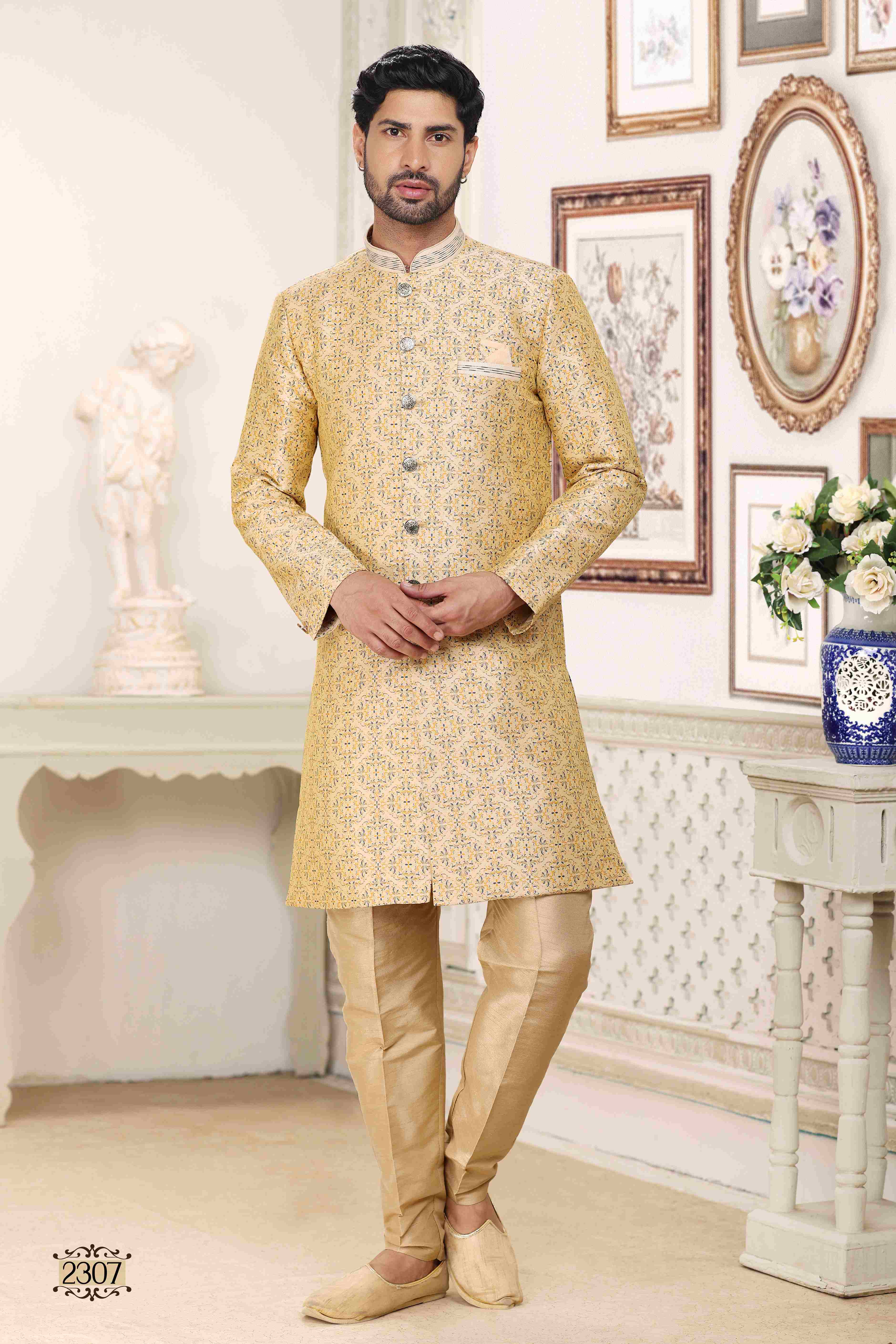 Raivat Ethnic Banarasi Jacquard Embroidery Semi Indo Western Sherwani In Cream Colour