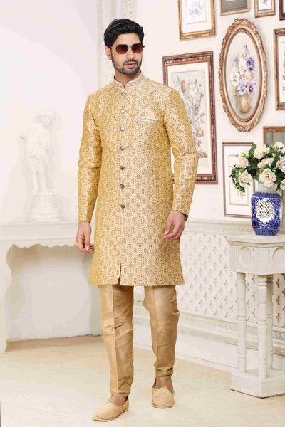Raivat Ethnic Banarasi Jacquard Embroidery Semi Indo Western Sherwani In Cream Colour