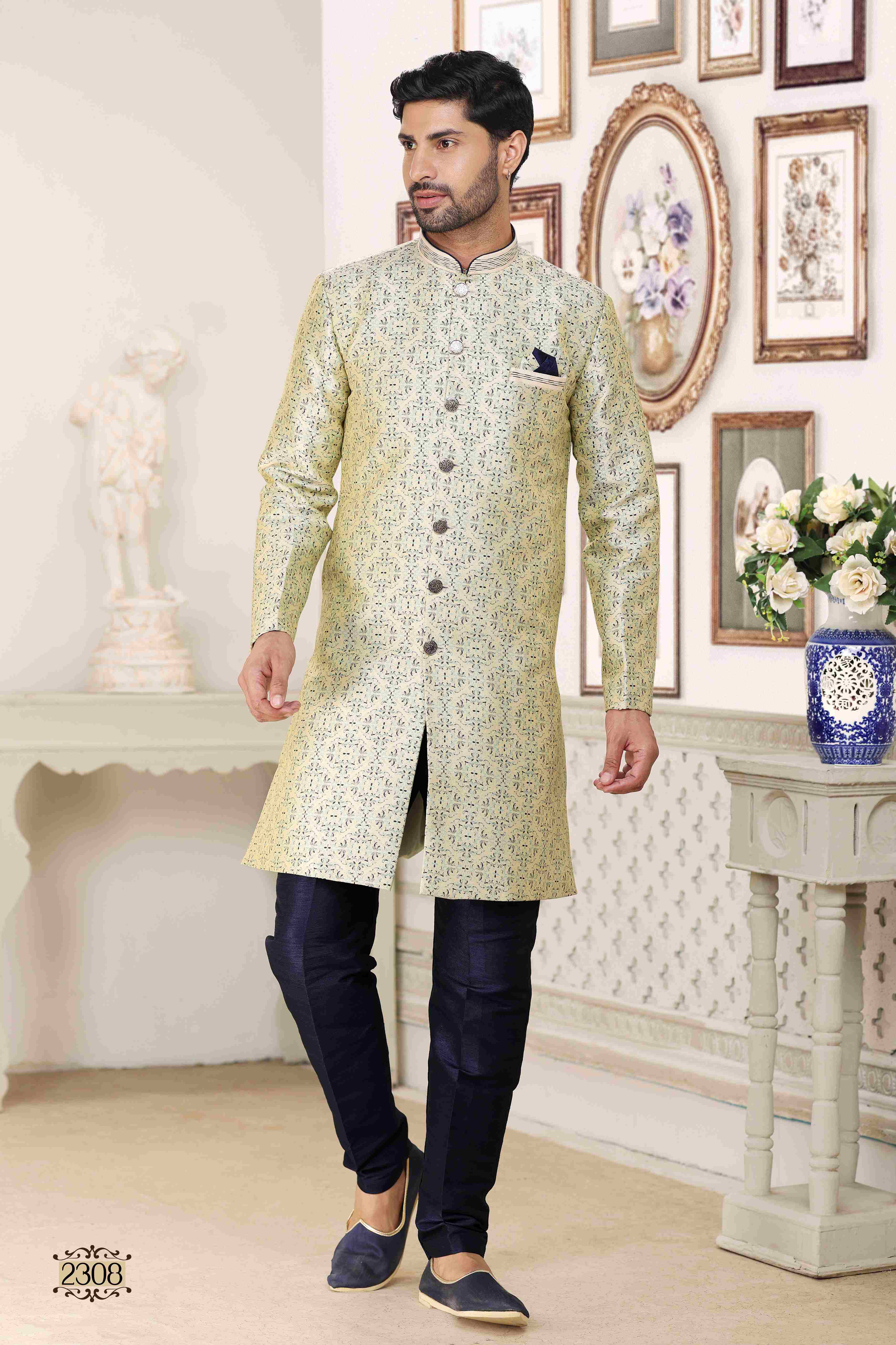 Raivat Ethnic Banarasi Jacquard Embroidery Semi Indo Western Sherwani In Cream Blue Colour