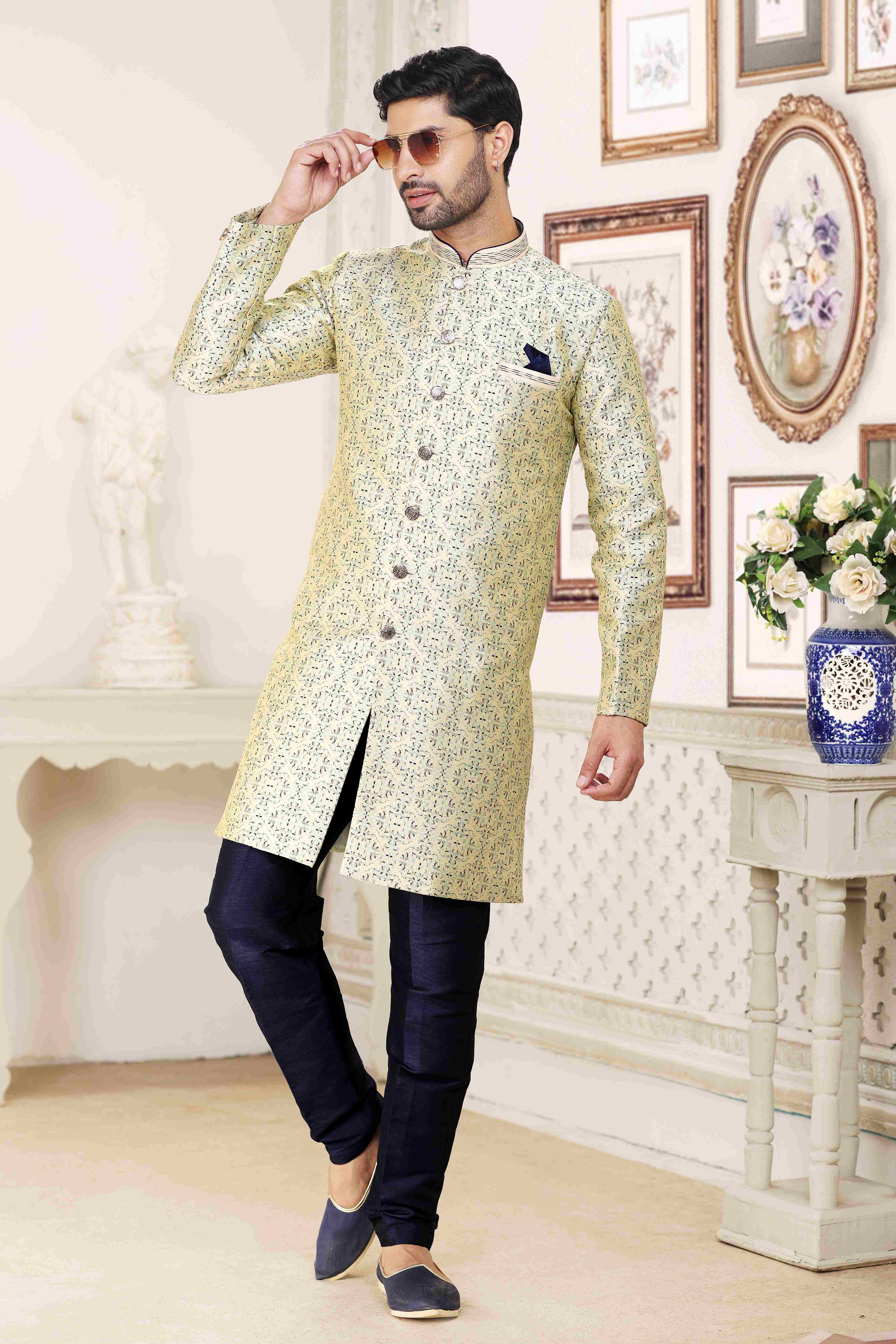 Raivat Ethnic Banarasi Jacquard Embroidery Semi Indo Western Sherwani In Cream Blue Colour