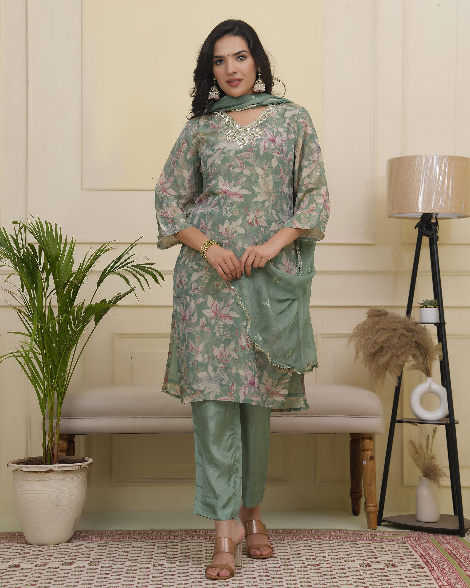 Vaasva Women Green Tissue Shimmer Kurta With Silk Pant & Dupatta