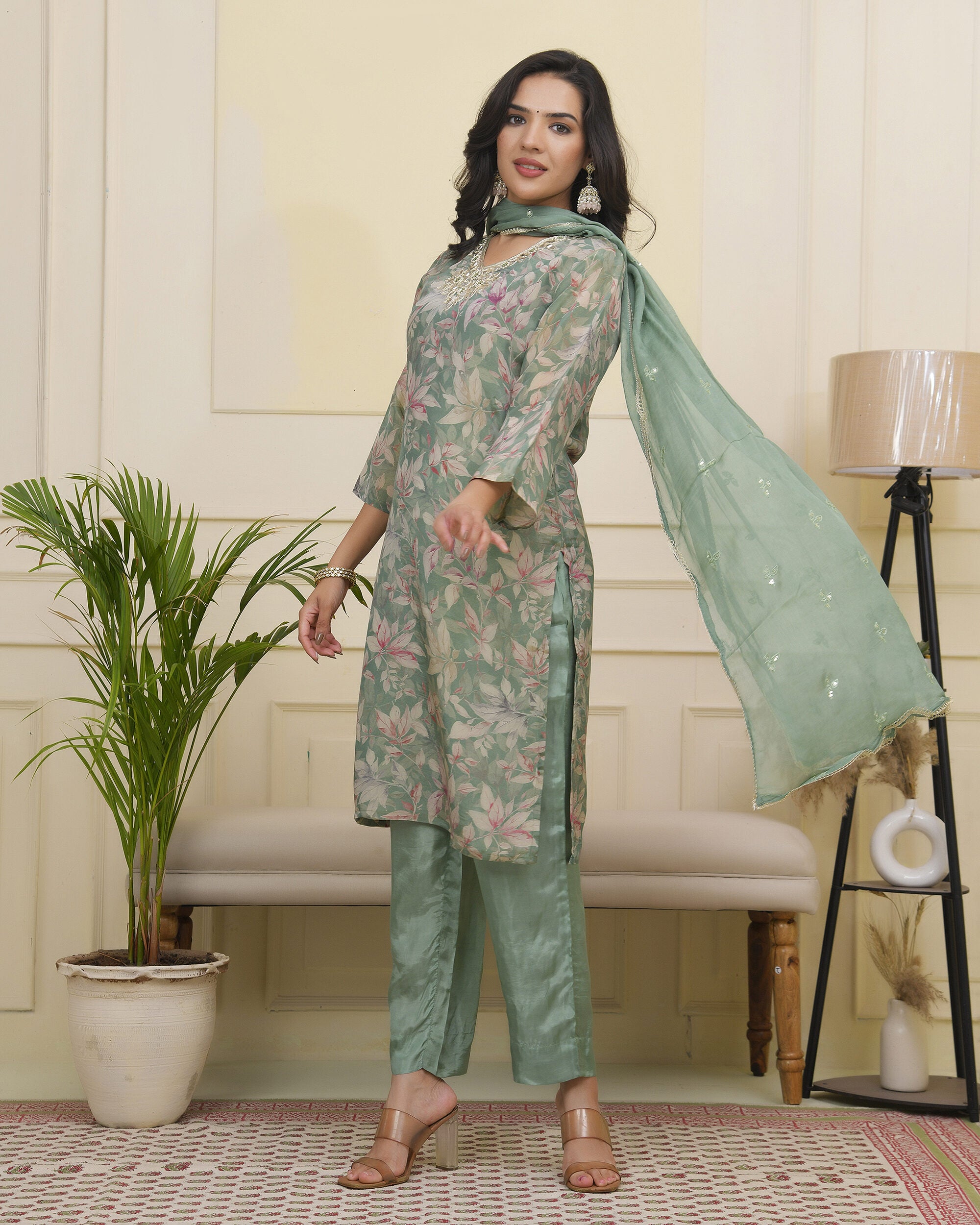 Vaasva Women Green Tissue Shimmer Kurta With Silk Pant & Dupatta