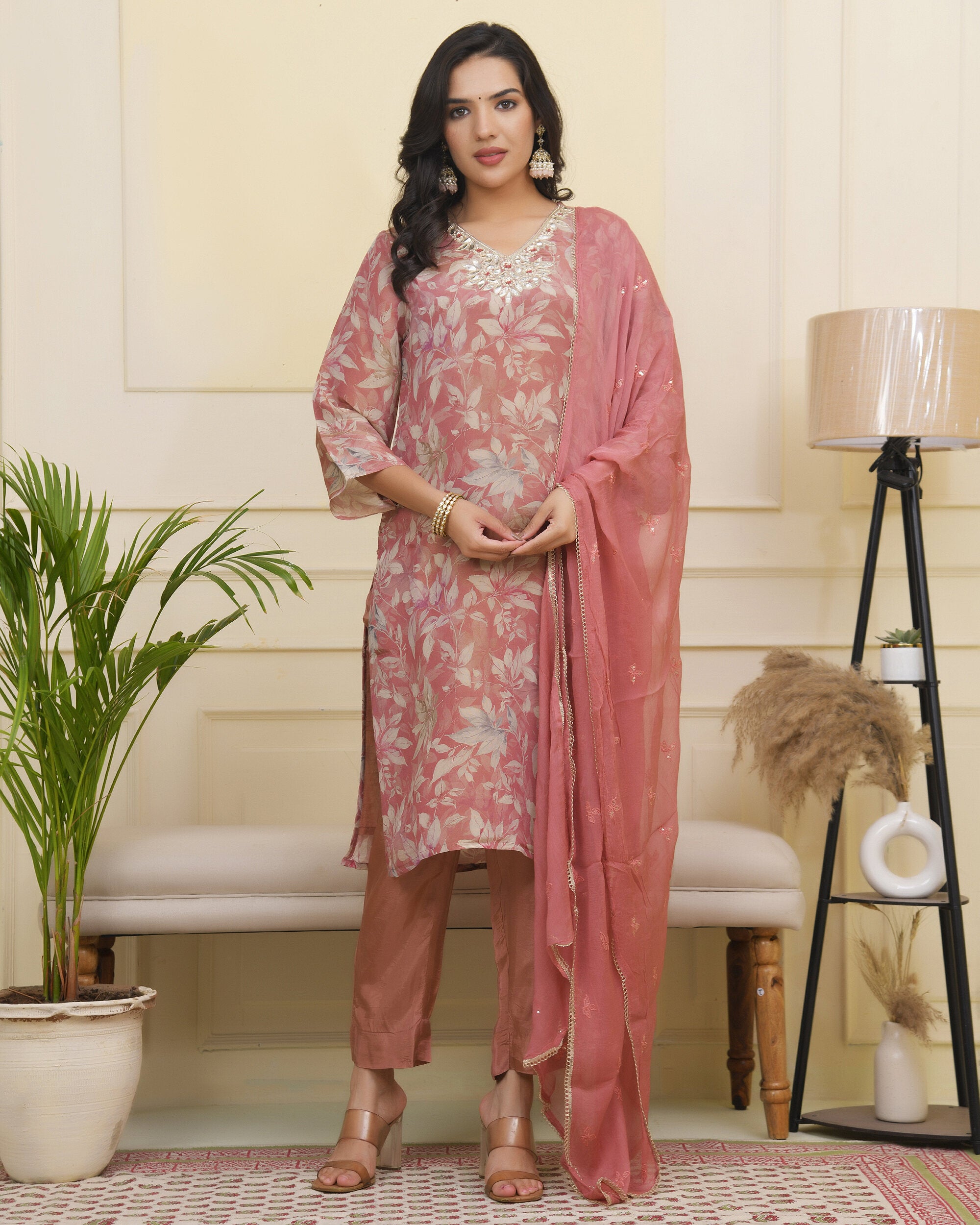 Vaasva Women Pink Tissue Shimmer Kurta With Silk Pant & Dupatta