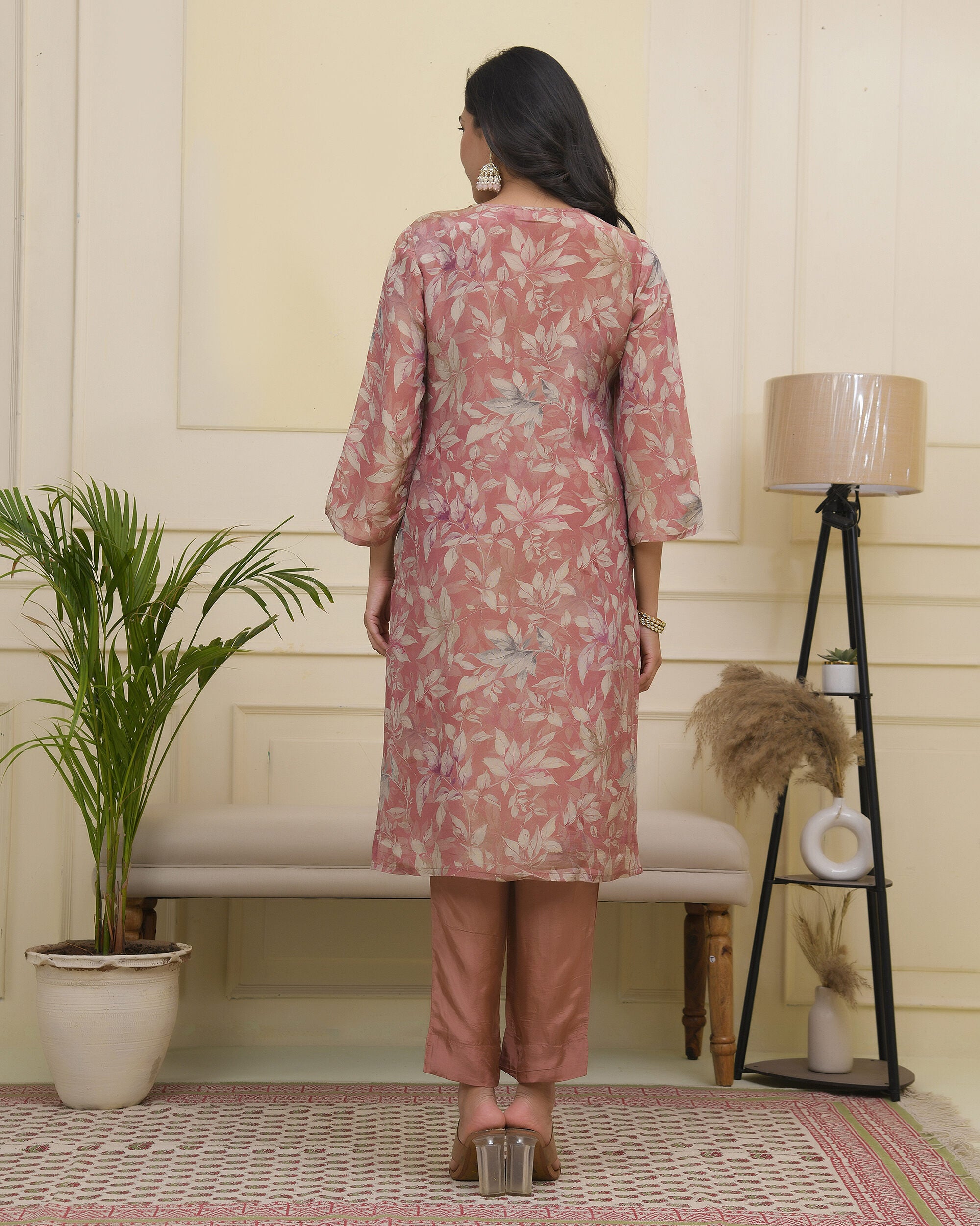 Vaasva Women Pink Tissue Shimmer Kurta With Silk Pant & Dupatta