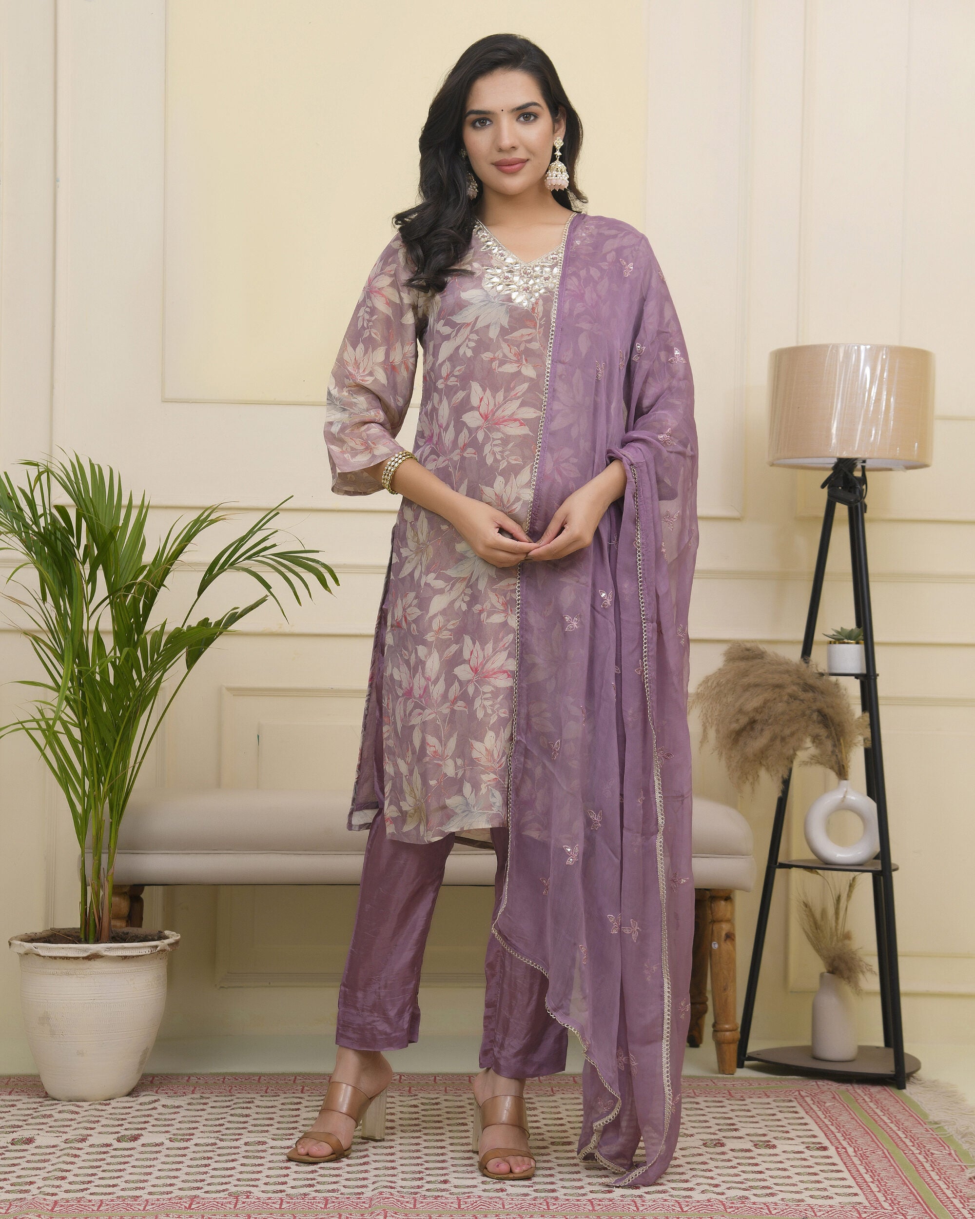 Vaasva Women Lavender Tissue Shimmer Kurta With Silk Pant & Dupatta