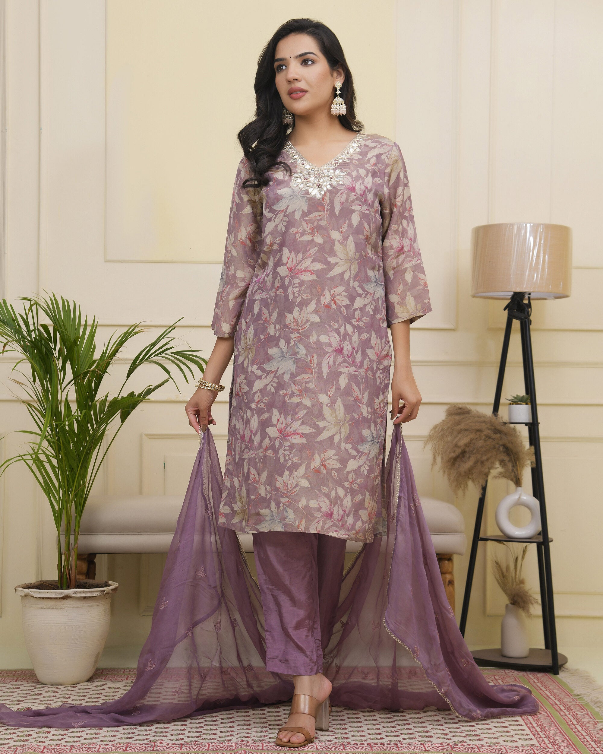 Vaasva Women Lavender Tissue Shimmer Kurta With Silk Pant & Dupatta
