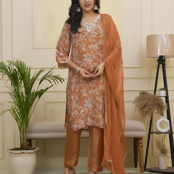 Vaasva Women Rust Tissue Shimmer Kurta With Silk Pant & Dupatta
