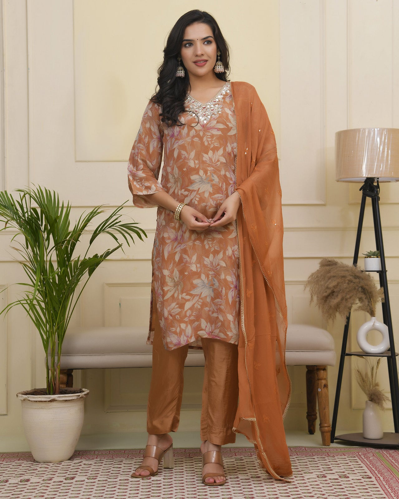 Vaasva Women Rust Tissue Shimmer Kurta With Silk Pant & Dupatta - Distacart