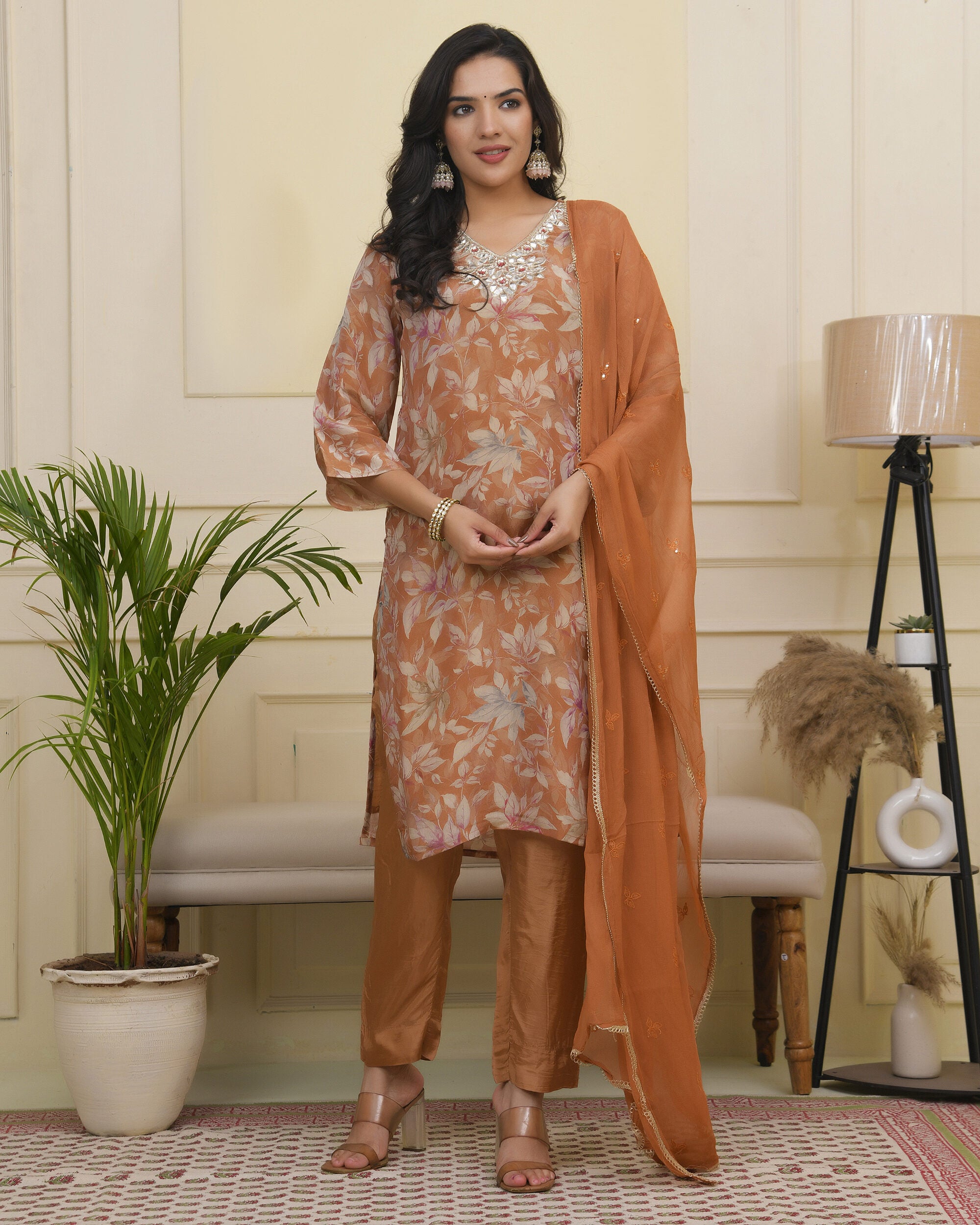 Vaasva Women Rust Tissue Shimmer Kurta With Silk Pant & Dupatta