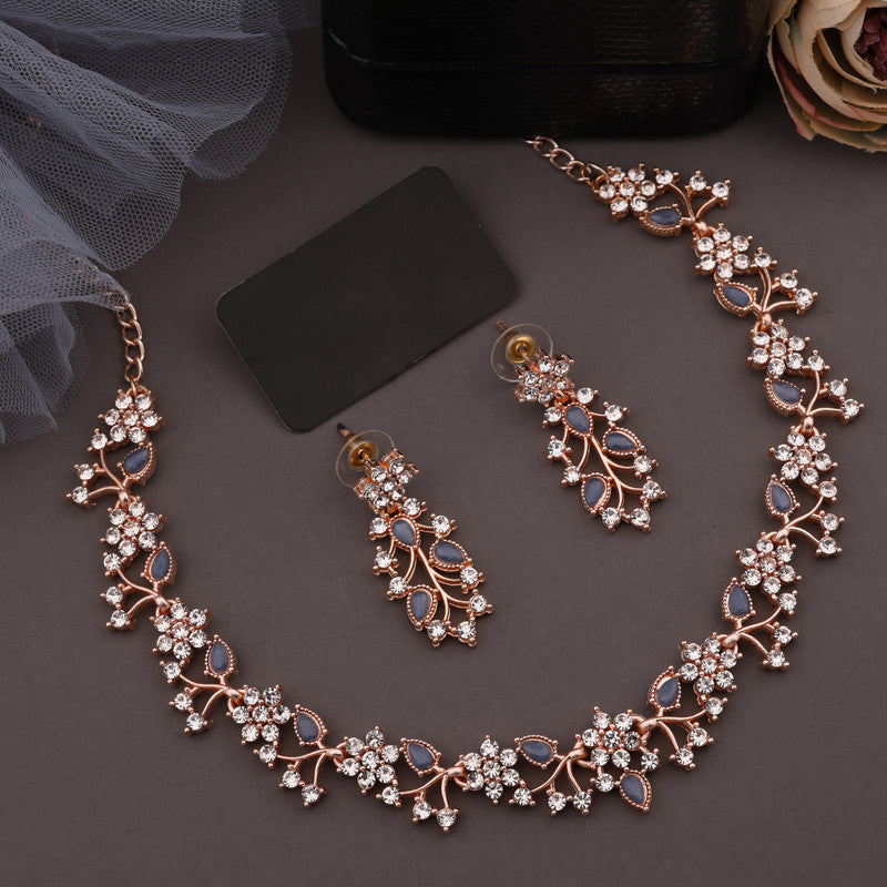 Tehzeeb Creations Rose Gold Pleated White Diamond With Blue Beads Necklace Set - Distacart