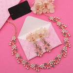 Thumbnail for Tehzeeb Creations Rose Gold Pleated White Diamond With Blue Beads Necklace Set - Distacart