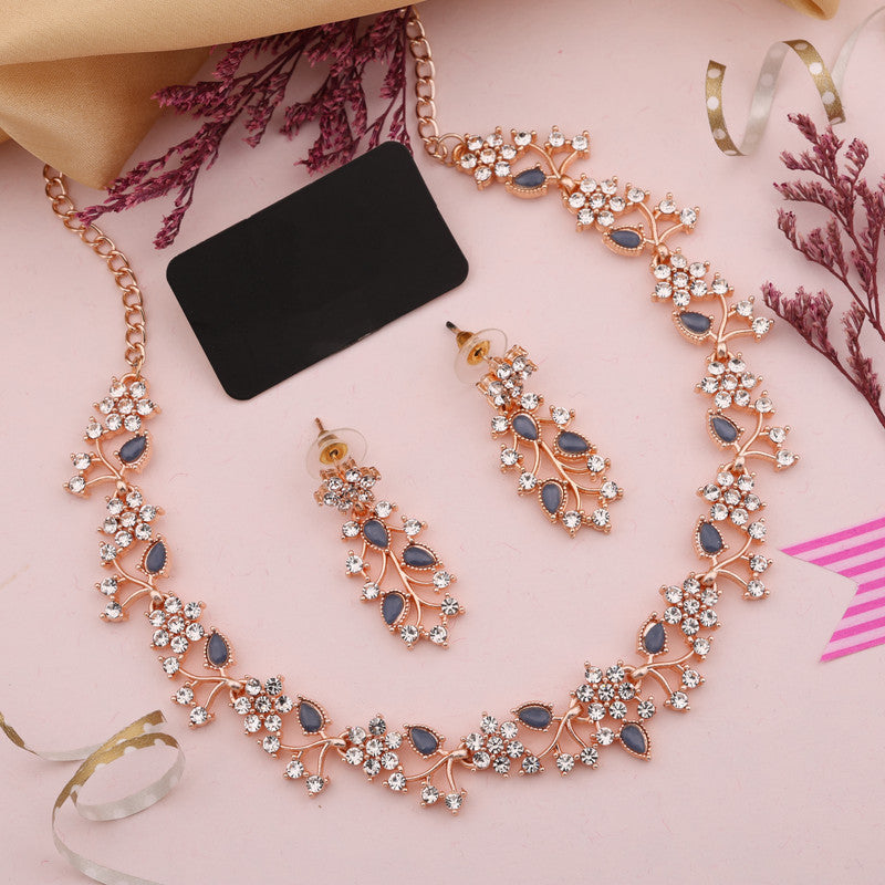 Tehzeeb Creations Rose Gold Pleated White Diamond With Blue Beads Necklace Set - Distacart