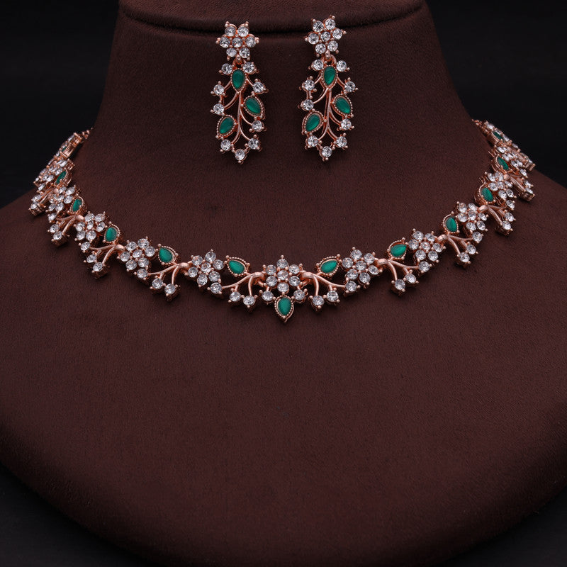 Tehzeeb Creations Rose Gold Pleated White Diamond With Green Beads Necklace Set - Distacart