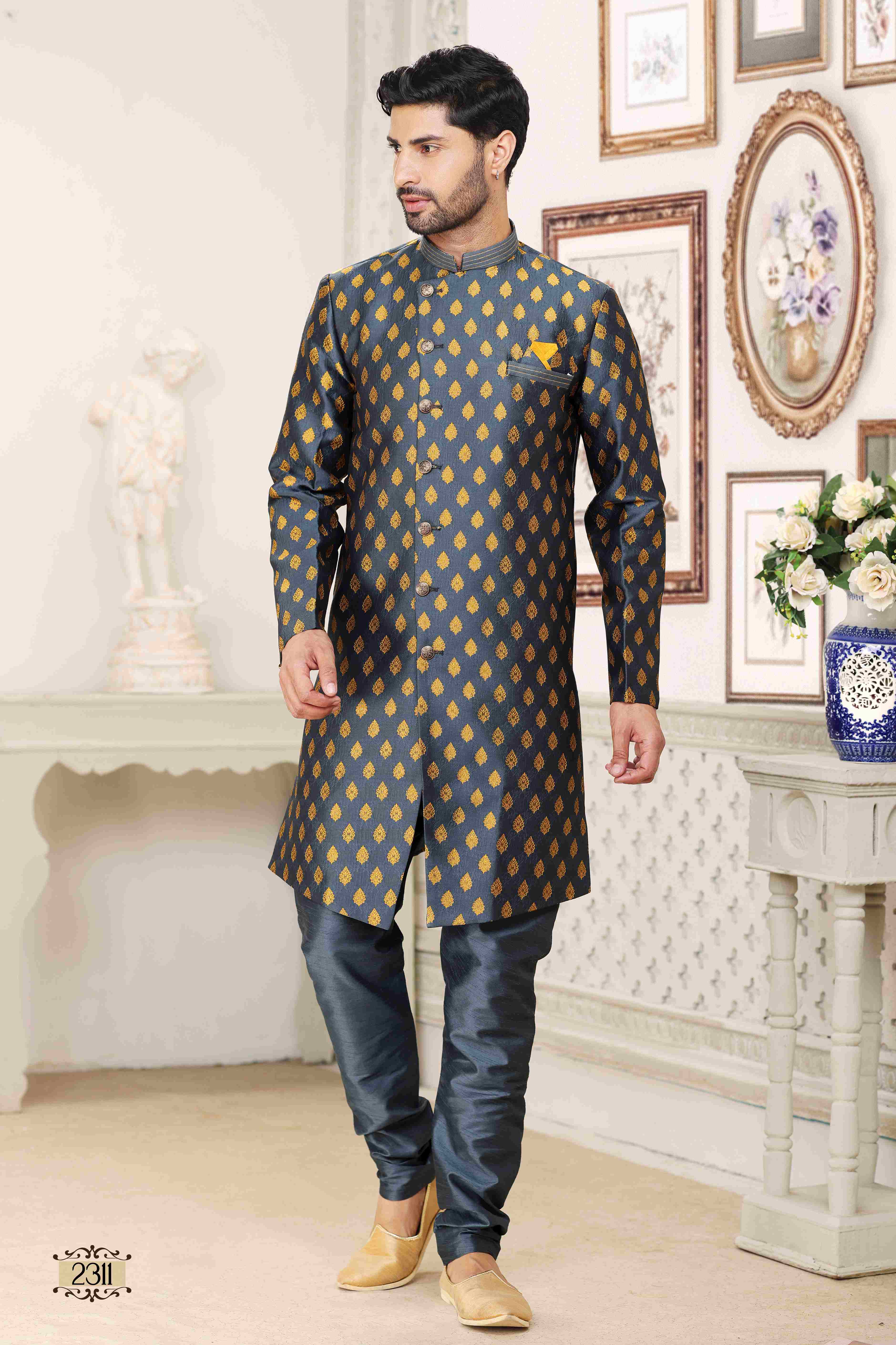 Raivat Ethnic Banarasi Jacquard Embroidery Semi Indo Western Sherwani In Grey Blue Colour