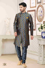 Thumbnail for Raivat Ethnic Banarasi Jacquard Embroidery Semi Indo Western Sherwani In Grey Blue Colour