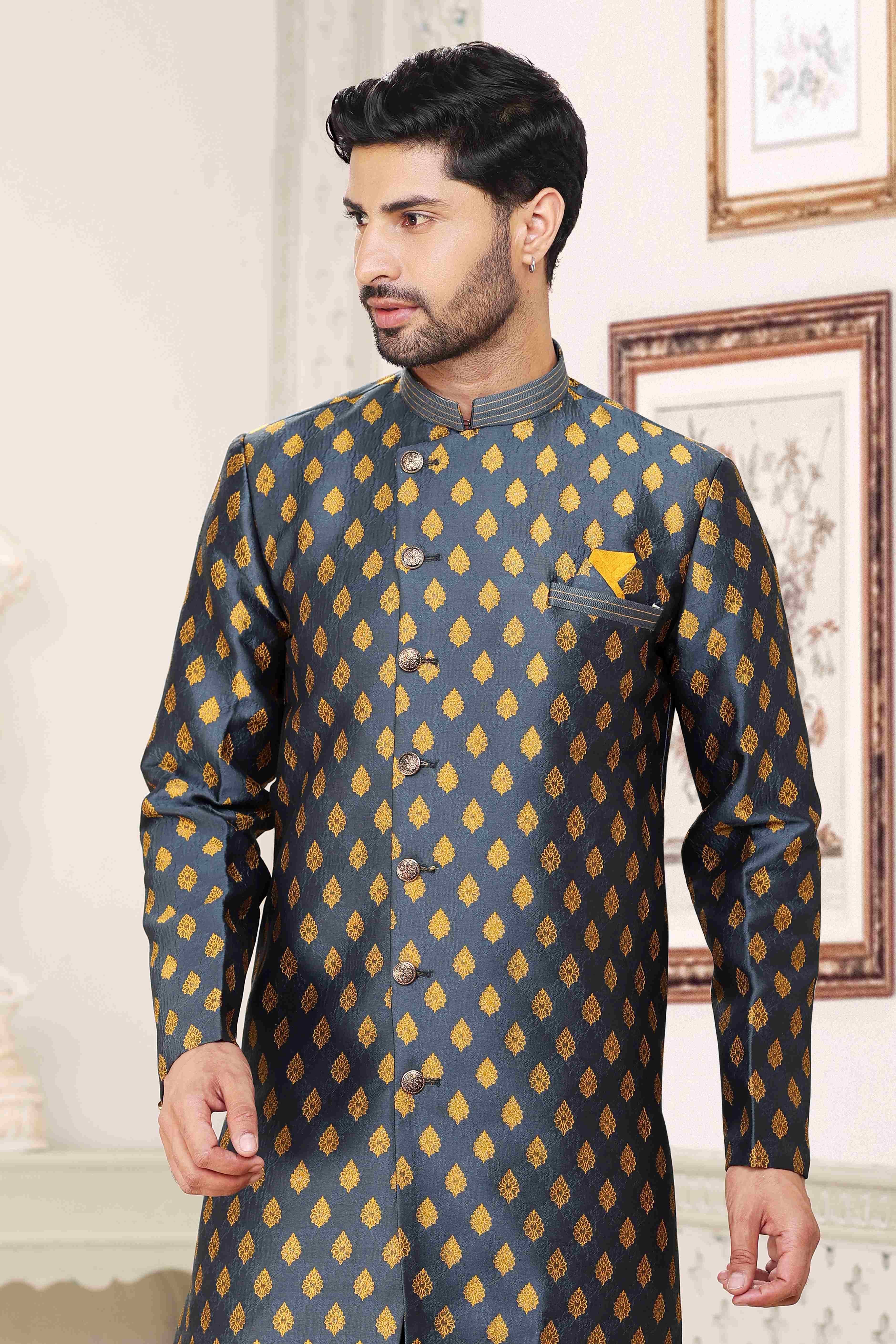 Raivat Ethnic Banarasi Jacquard Embroidery Semi Indo Western Sherwani In Grey Blue Colour