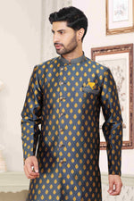 Thumbnail for Raivat Ethnic Banarasi Jacquard Embroidery Semi Indo Western Sherwani In Grey Blue Colour