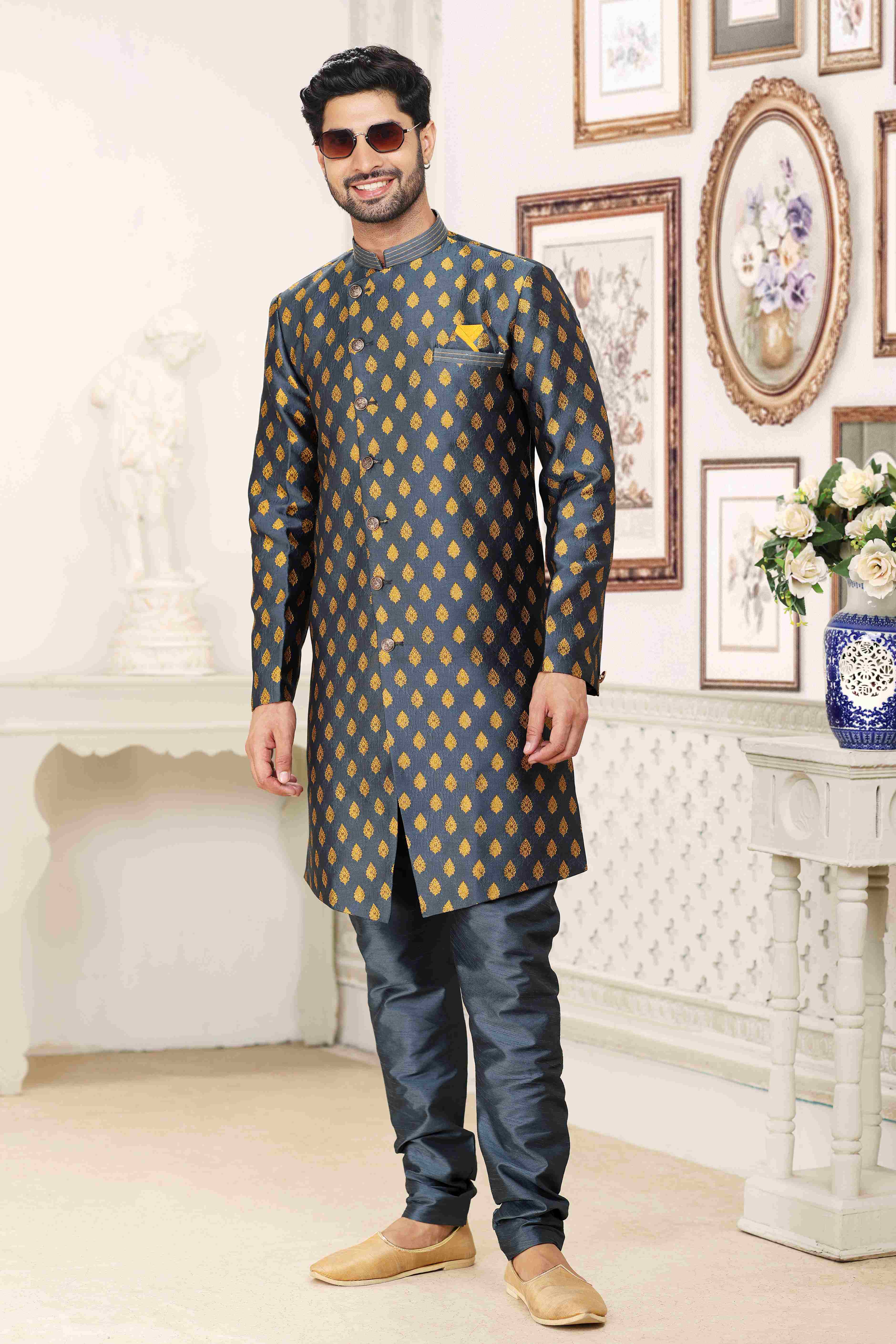 Raivat Ethnic Banarasi Jacquard Embroidery Semi Indo Western Sherwani In Grey Blue Colour