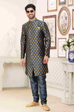 Thumbnail for Raivat Ethnic Banarasi Jacquard Embroidery Semi Indo Western Sherwani In Grey Blue Colour