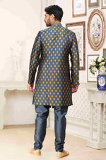 Thumbnail for Raivat Ethnic Banarasi Jacquard Embroidery Semi Indo Western Sherwani In Grey Blue Colour