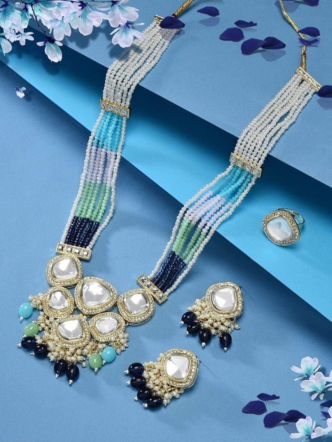 Jewel City Multicolor Beaded Kundan Mirror Necklace Set | Gold-Plated Traditional Indian Jewelry | Ethnic Wedding Statement Set