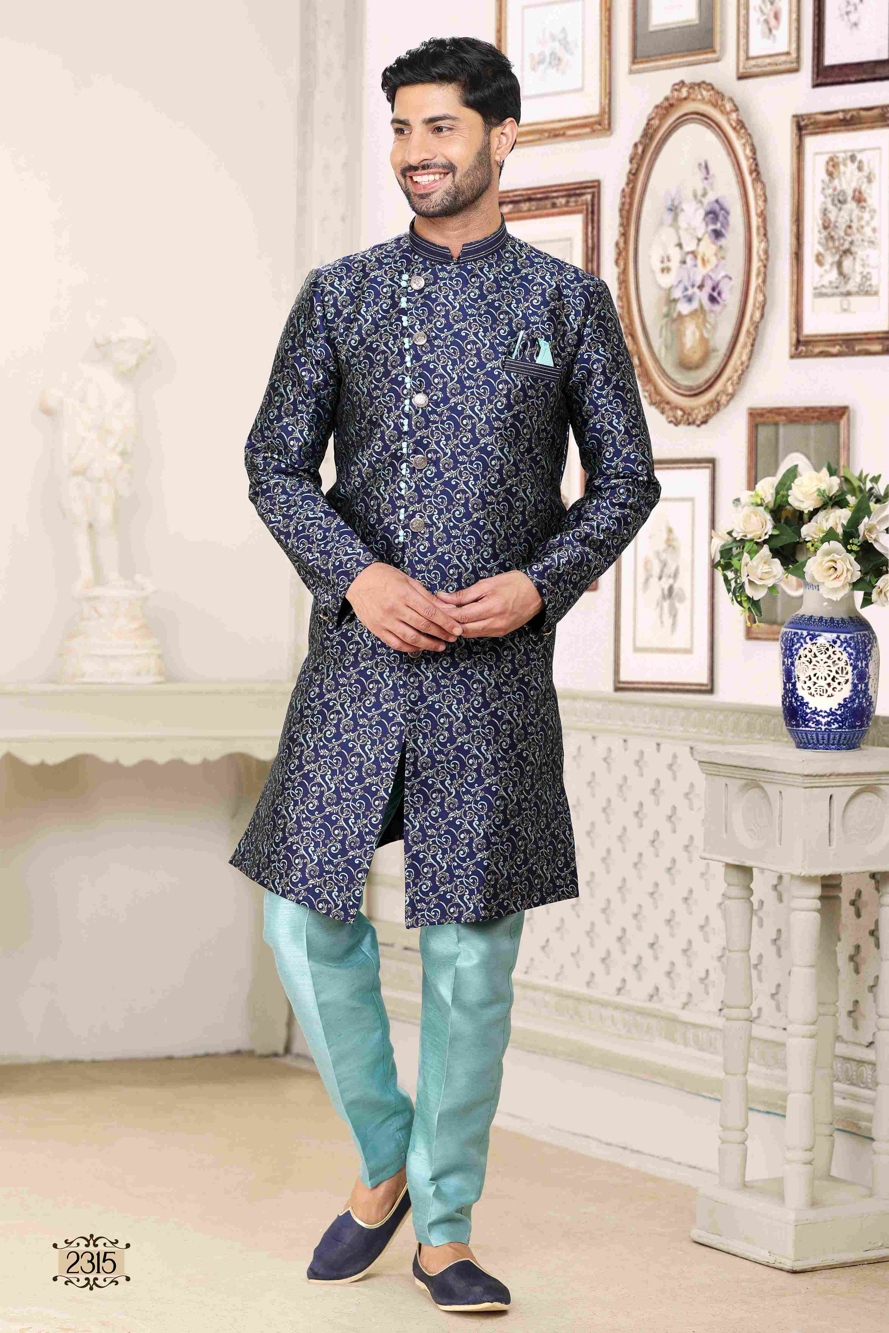 Raivat Ethnic Banarasi Jacquard Embroidery Semi Indo Western Sherwani In Blue Colour