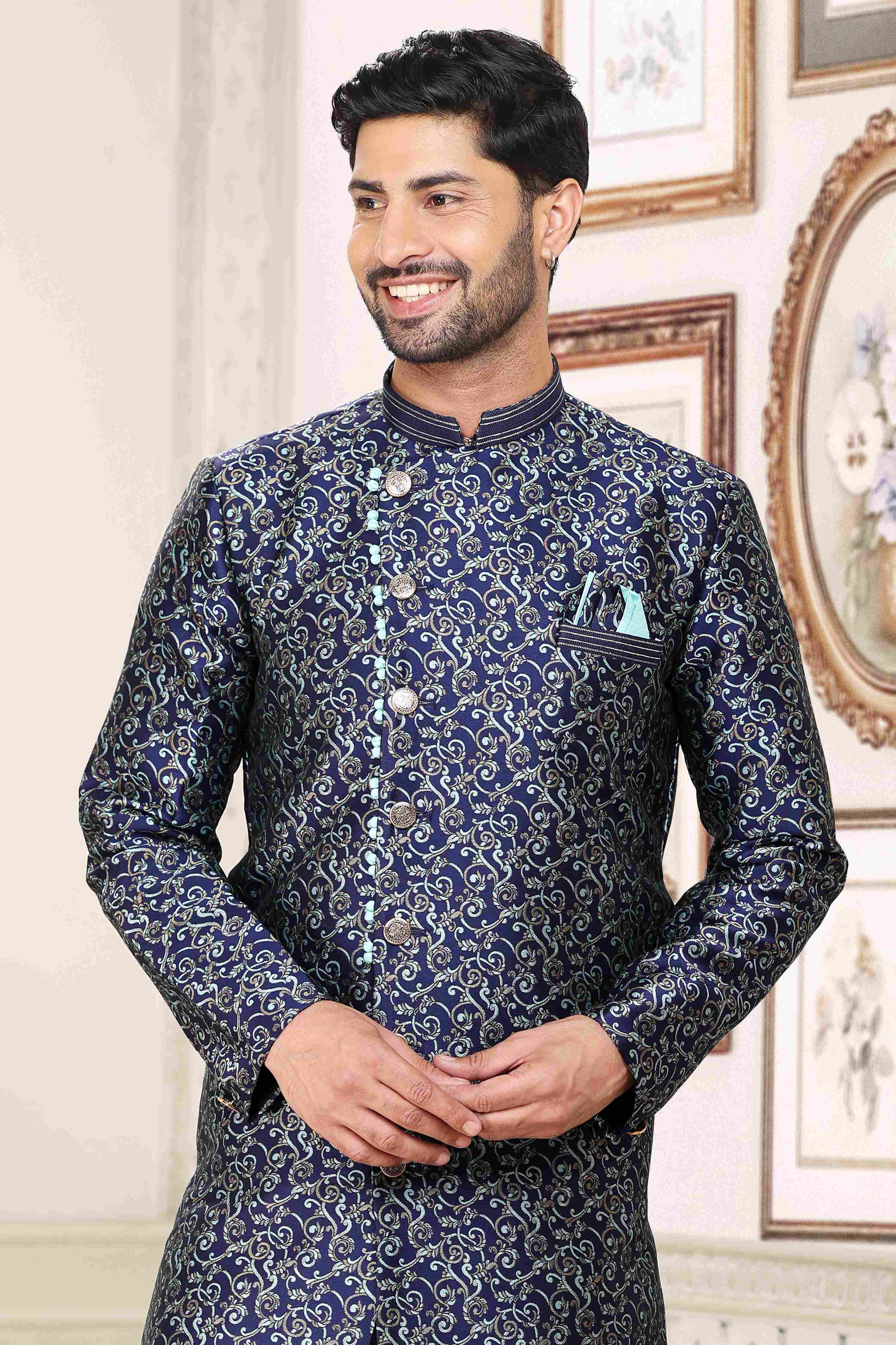 Raivat Ethnic Banarasi Jacquard Embroidery Semi Indo Western Sherwani In Blue Colour