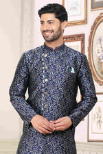 Thumbnail for Raivat Ethnic Banarasi Jacquard Embroidery Semi Indo Western Sherwani In Blue Colour