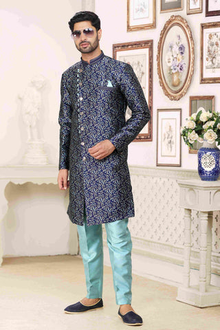 Raivat Ethnic Banarasi Jacquard Embroidery Semi Indo Western Sherwani In Blue Colour