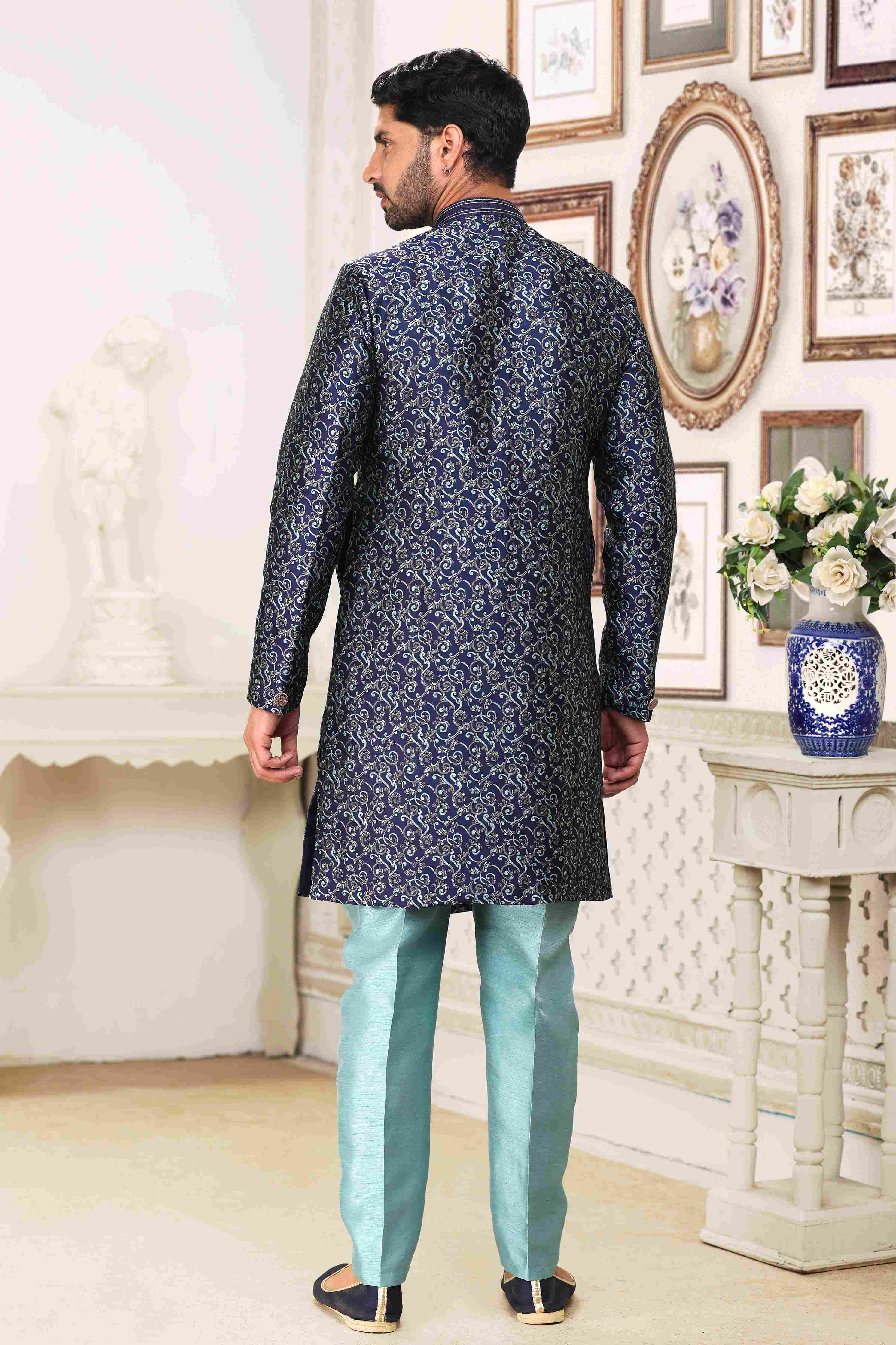 Raivat Ethnic Banarasi Jacquard Embroidery Semi Indo Western Sherwani In Blue Colour