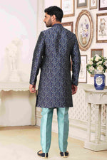 Thumbnail for Raivat Ethnic Banarasi Jacquard Embroidery Semi Indo Western Sherwani In Blue Colour