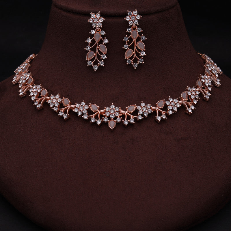 Tehzeeb Creations Rose Gold Pleated White Diamond With Gray Beads Necklace Set - Distacart